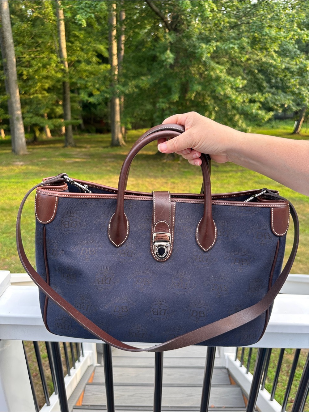 Dooney & Bourke Navy and Brown Monogram Handbag with Matching Pouch - Picture 7 of 16
